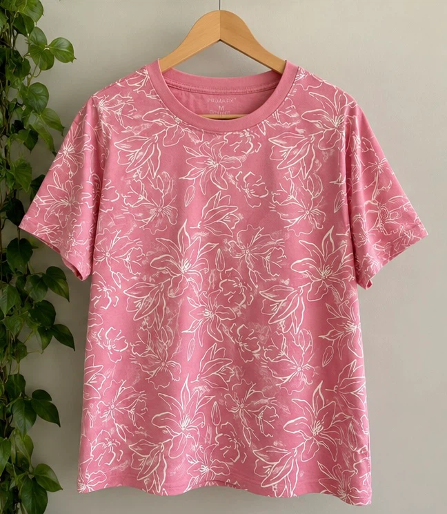 Primark Women’s Pink Floral Print T-Shirt Size M, Relaxed Fit