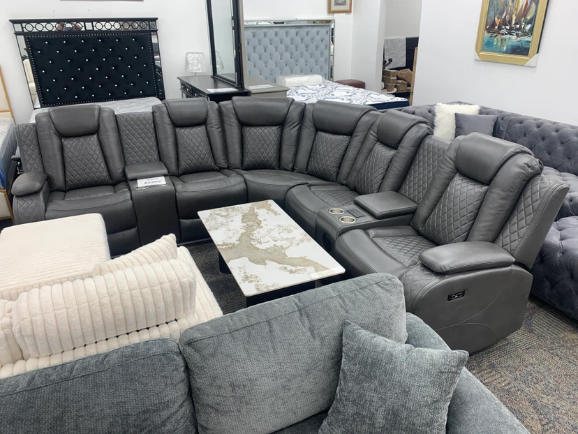Grey Leather Sectional Sofa with USB Ports and Speakers