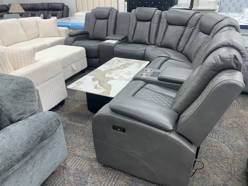Grey Leather Sectional Sofa with USB Ports and Speakers - photo 2