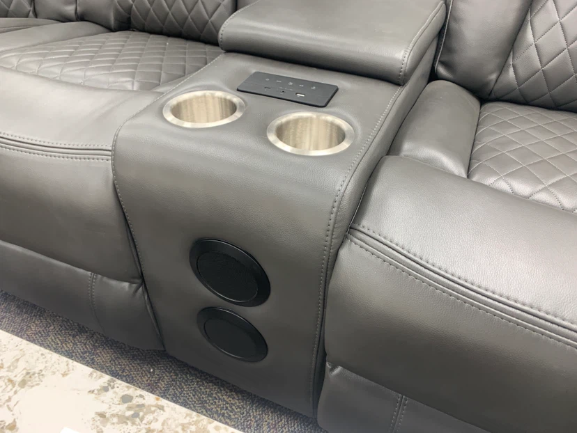 Grey Leather Sectional Sofa with USB Ports and Speakers - photo 3