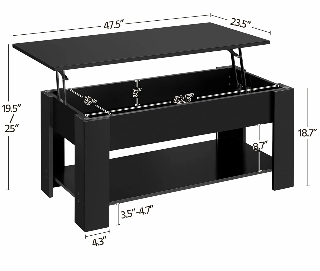 Black Lift Top Coffee Table with Storage Shelf - photo 3