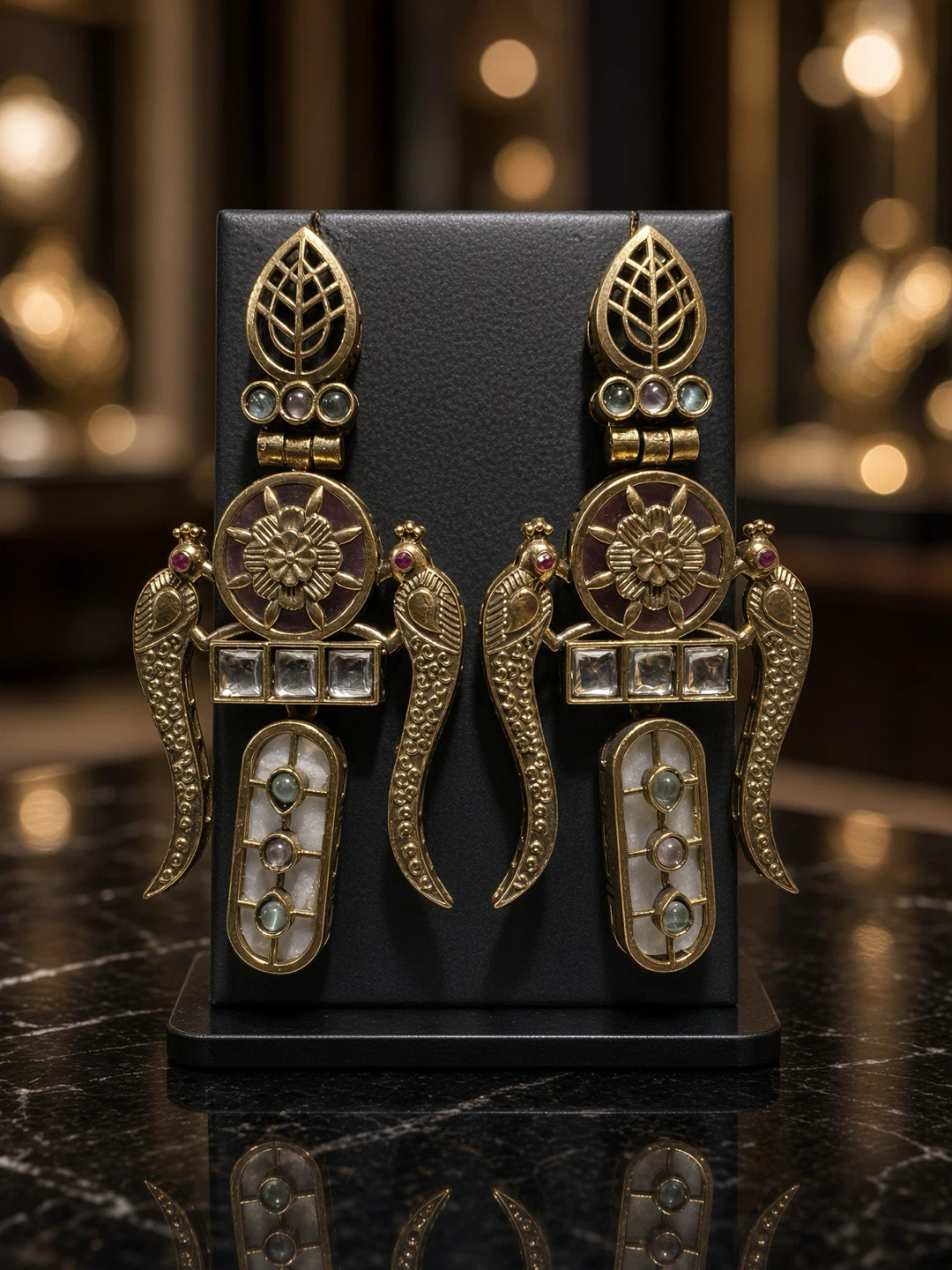 Vintage Gold Tone Peacock Earrings with Gemstones