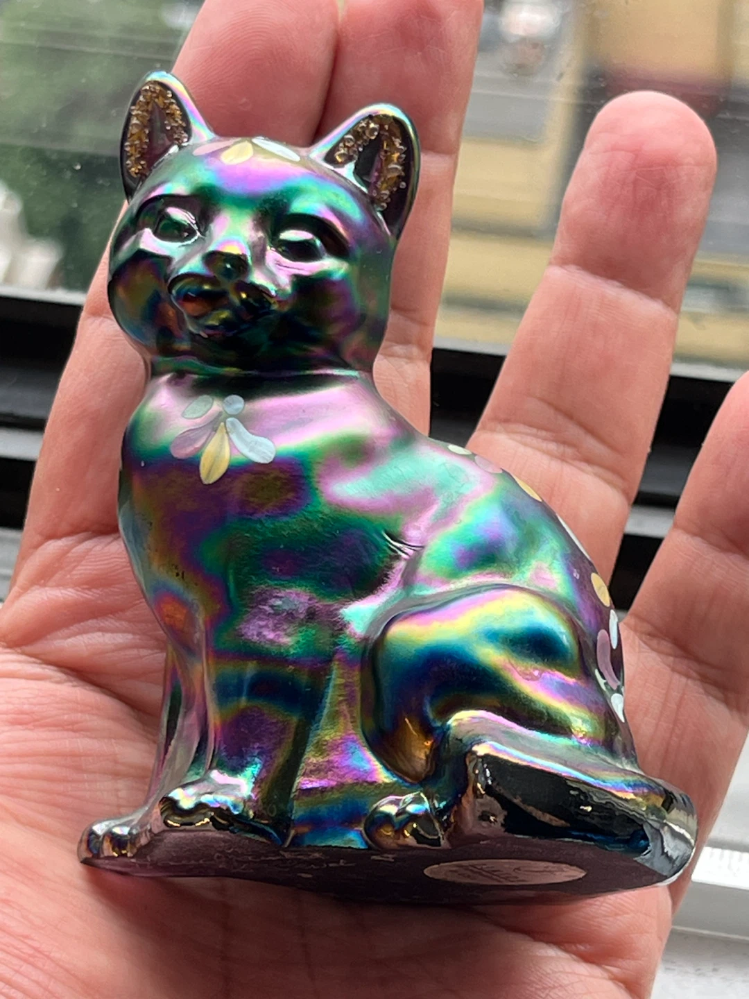 Rare Fenton Hand-Painted Cat- Iridescent Rainbow Floral