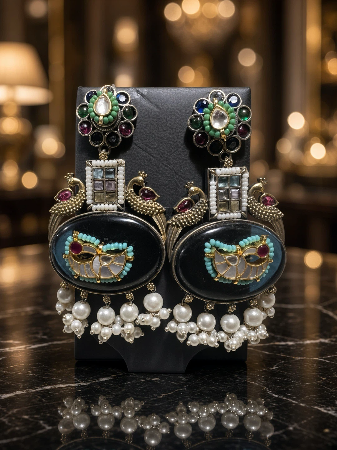 Dangle Earrings with Pearls and Peacock Design
