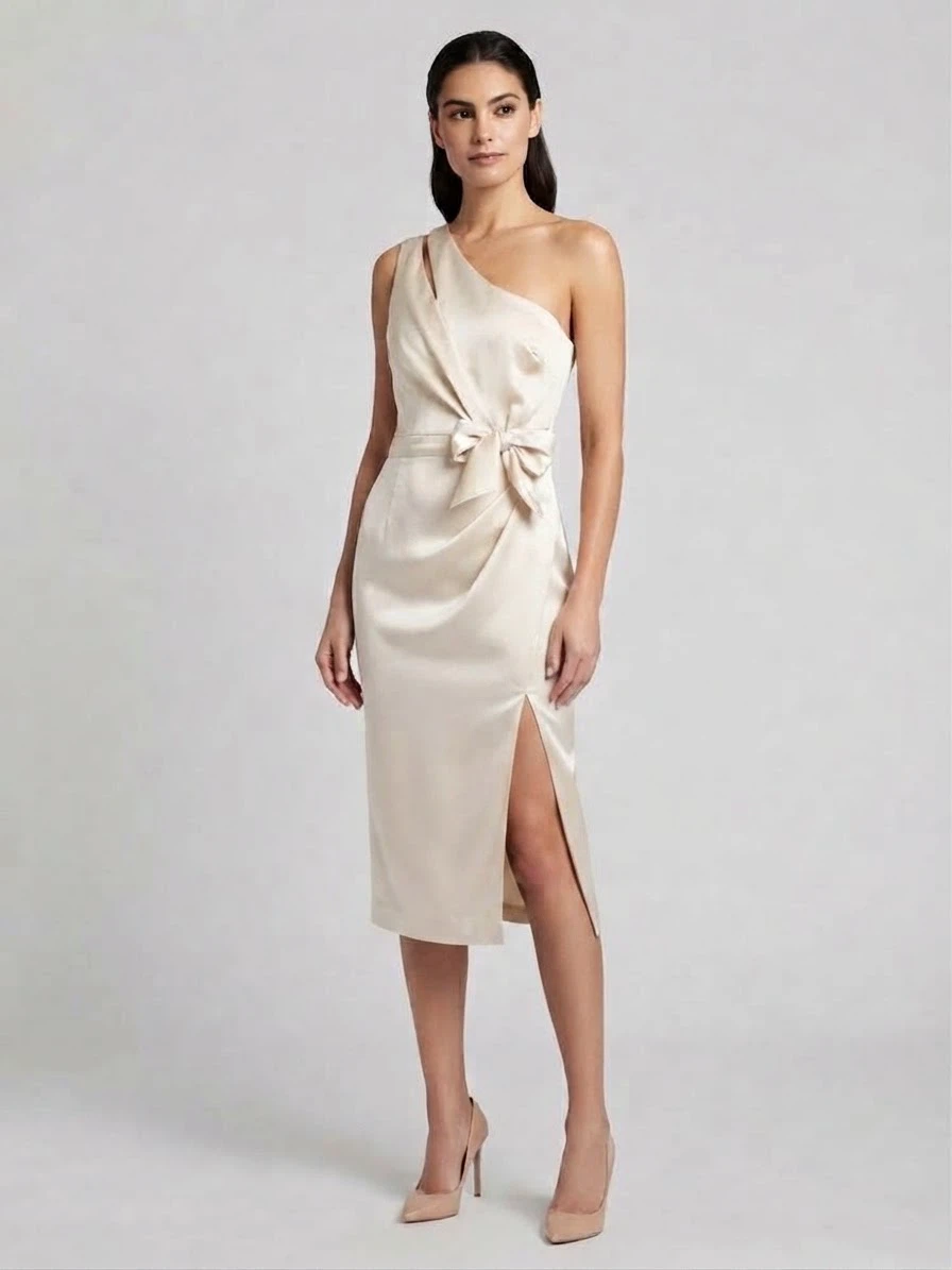 Lavish Alice One-Shoulder Satin Midi Dress Champagne Beige Sz 4