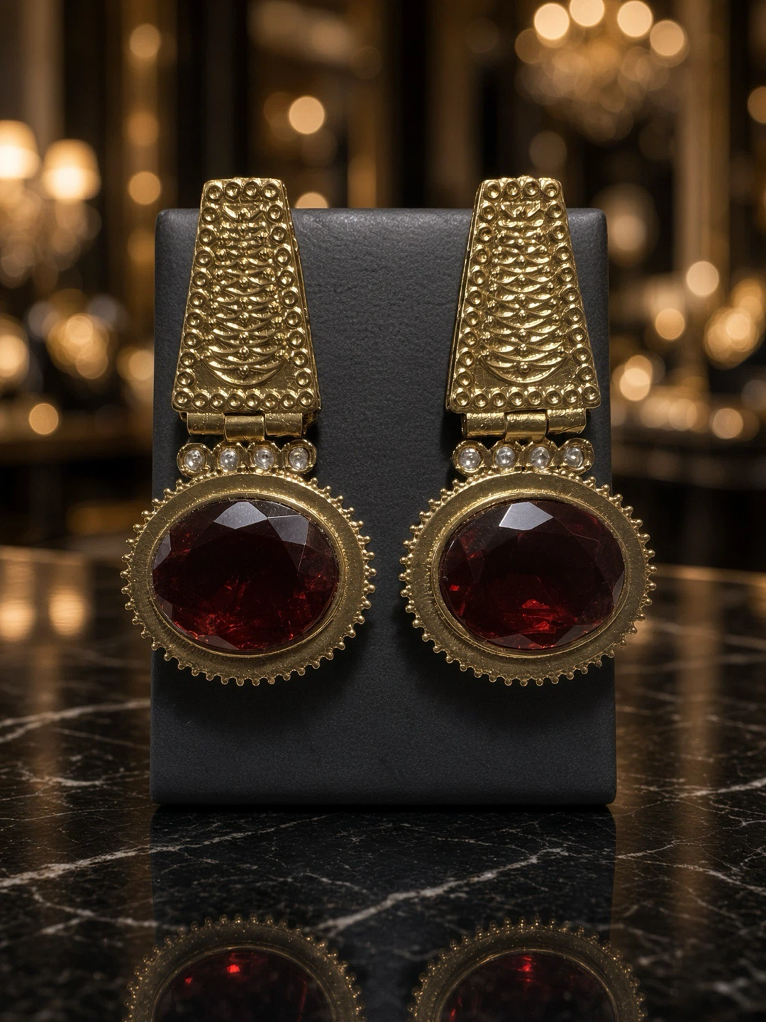 Gold Tone Red Gemstone Dangle Earrings