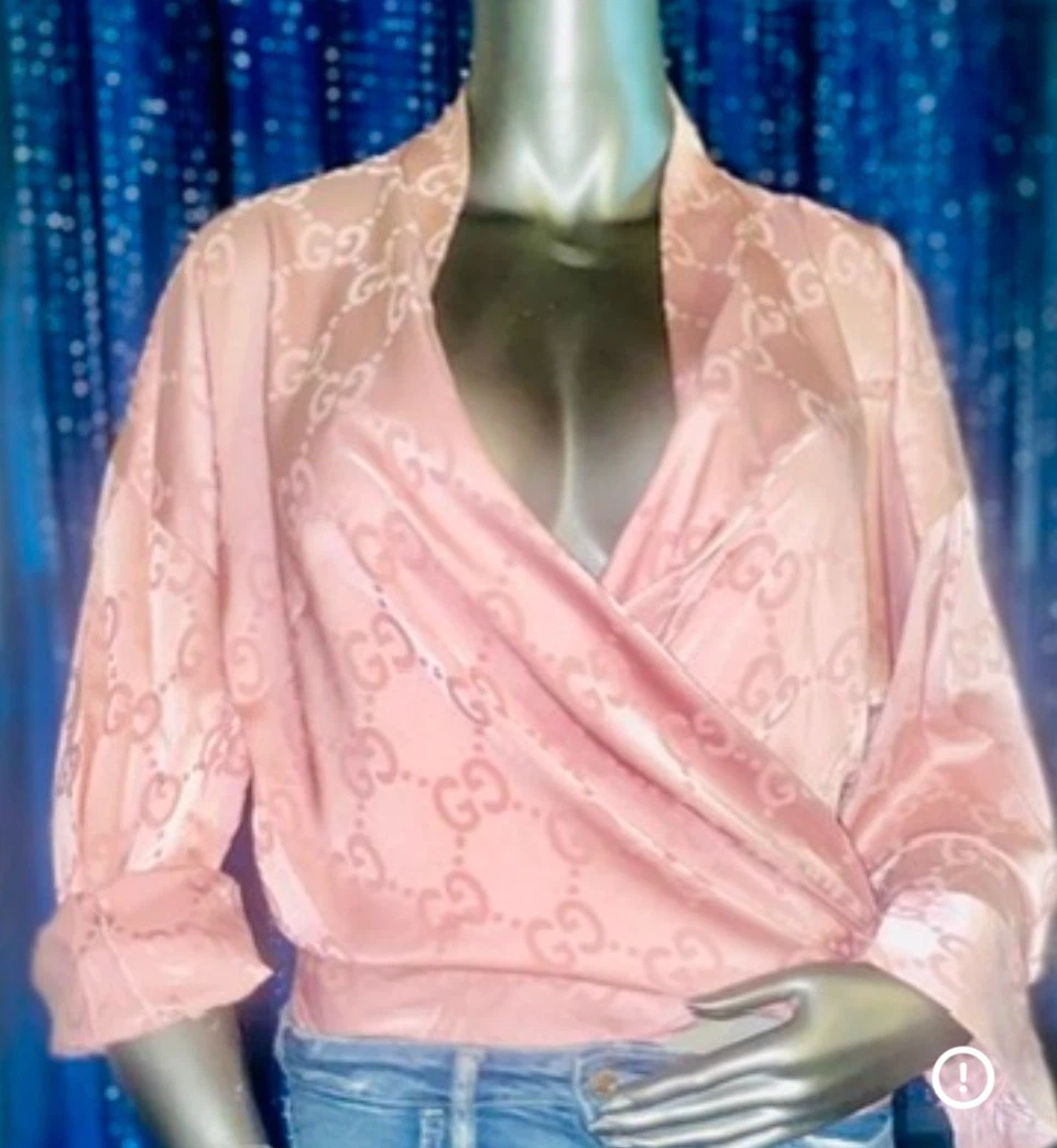 Pink Satin GG Wrap Blouse with Logo Print