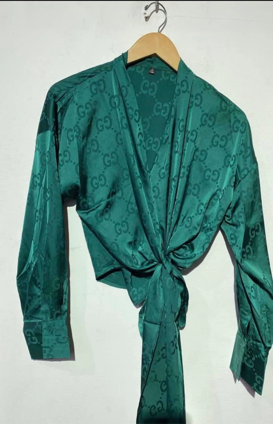 Pink Satin GG Wrap Blouse with Logo Print - photo 3