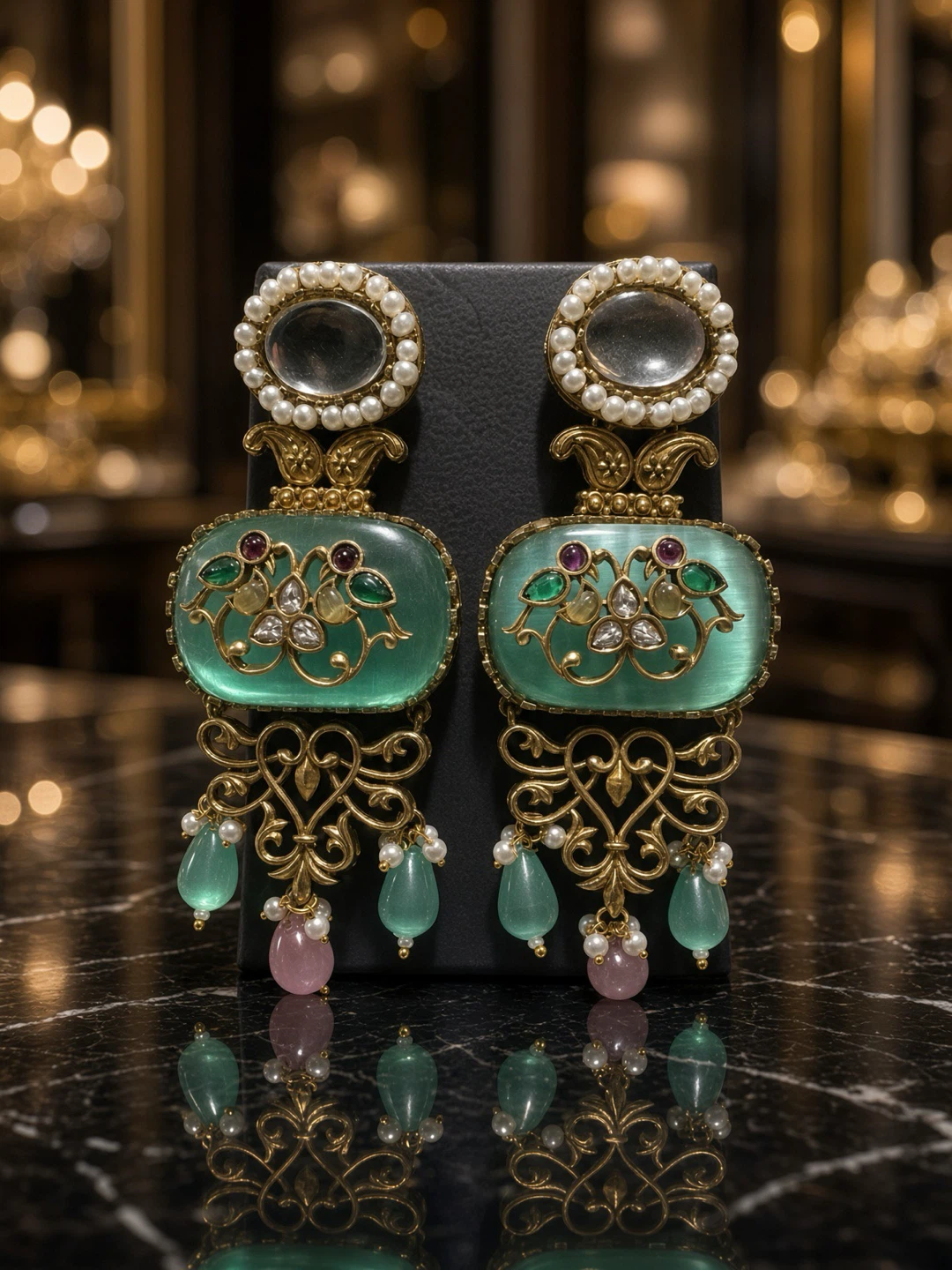 Gold Tone Emerald and Pearl Dangle Earrings