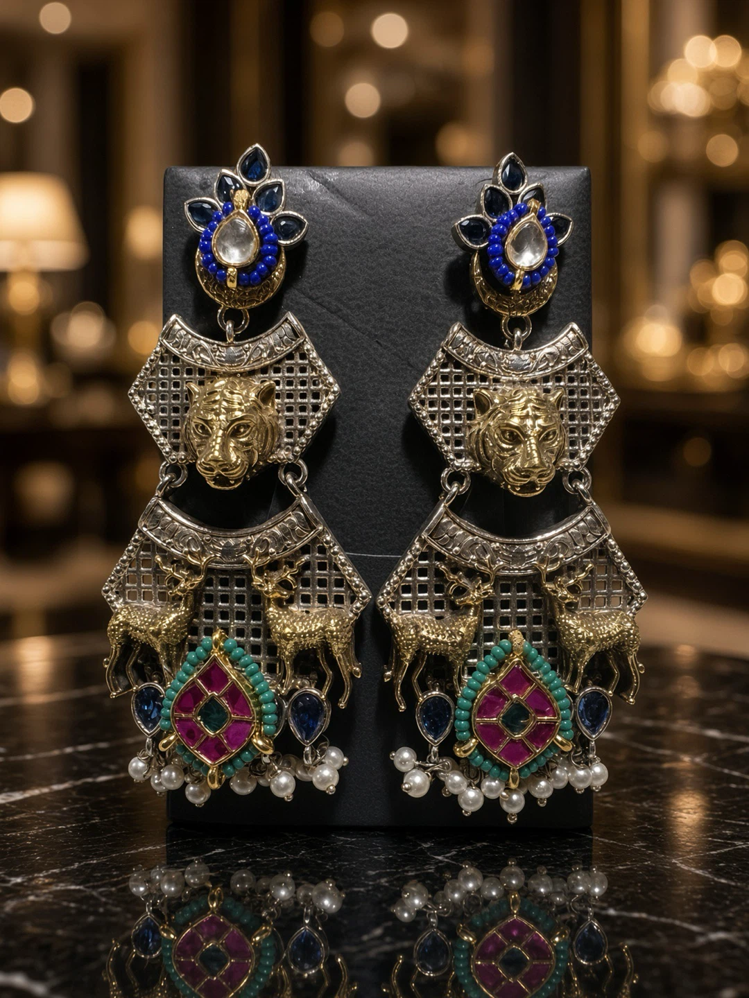 Dangling Tribal Tiger & Deer Earrings