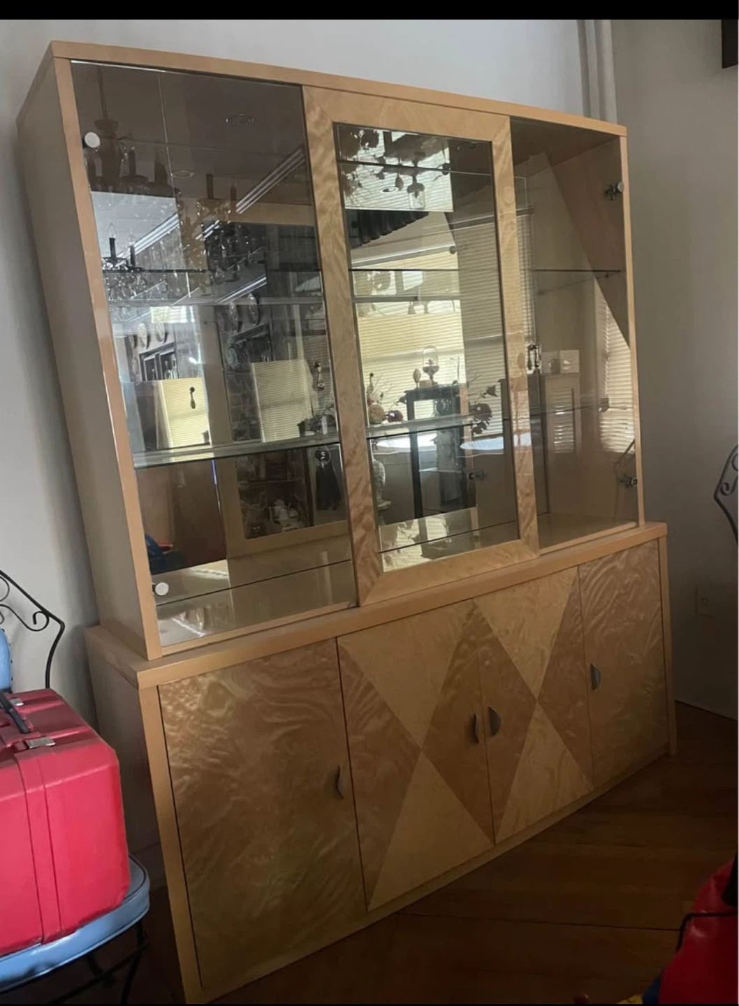 Light Wood China Cabinet with Storage Base & mirrors