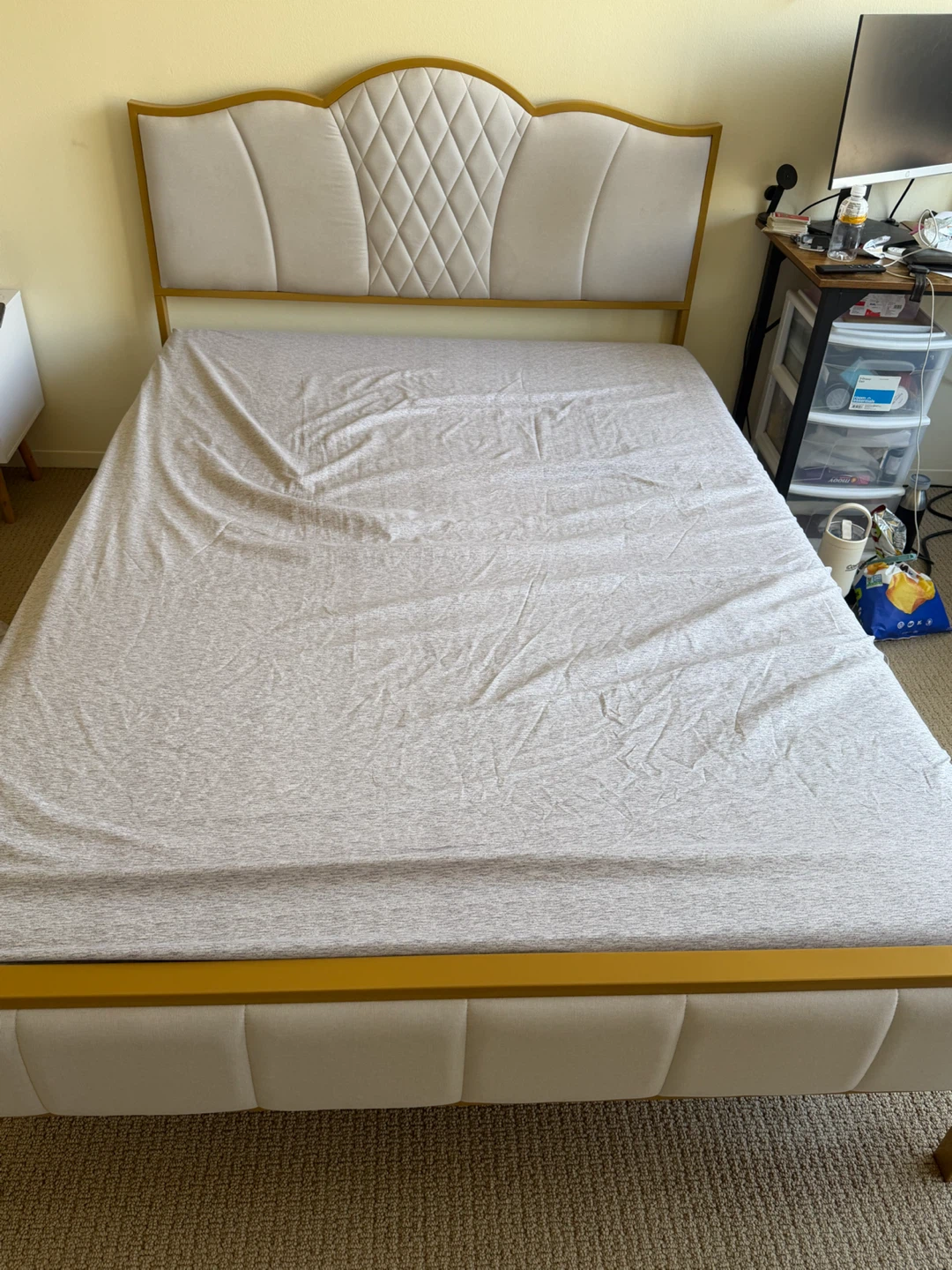 Full size upholstered gold metal bed frame