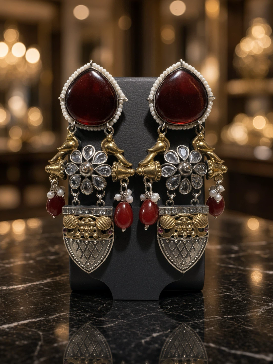 Red Stone and Pearl Dangle Earrings