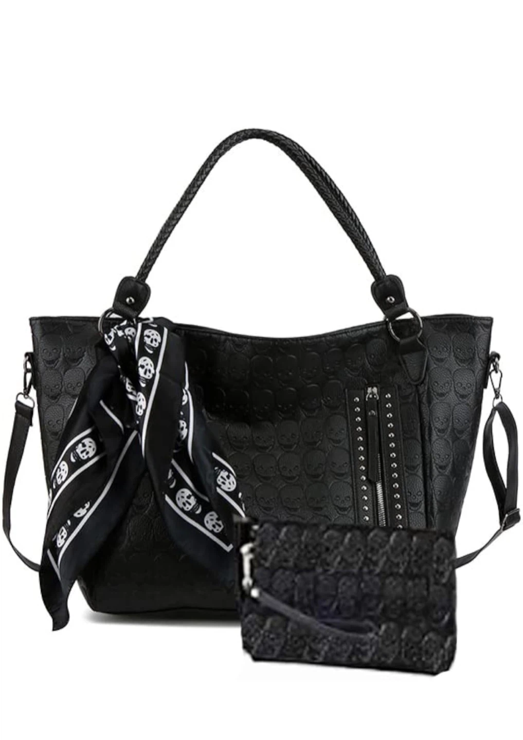 Black Skull Embossed Handbag Set with Scarf