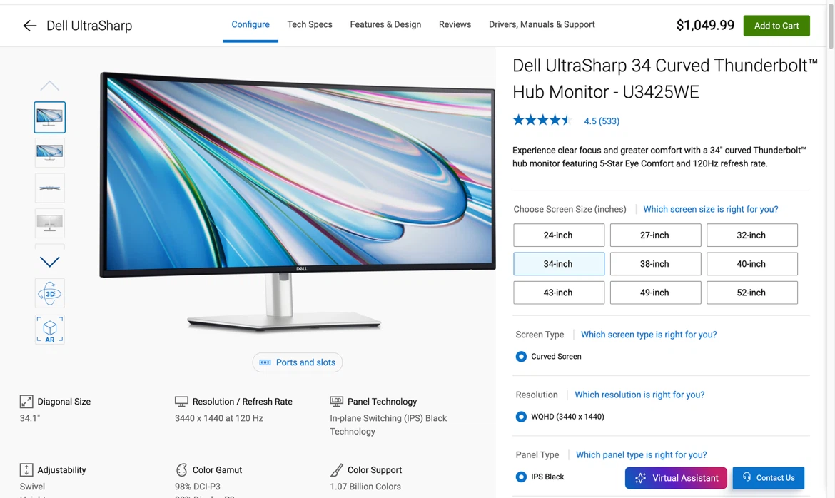 [USED 1 YR - LIKE NEW] Dell UltraSharp U3425WE 34-In. Monitor
