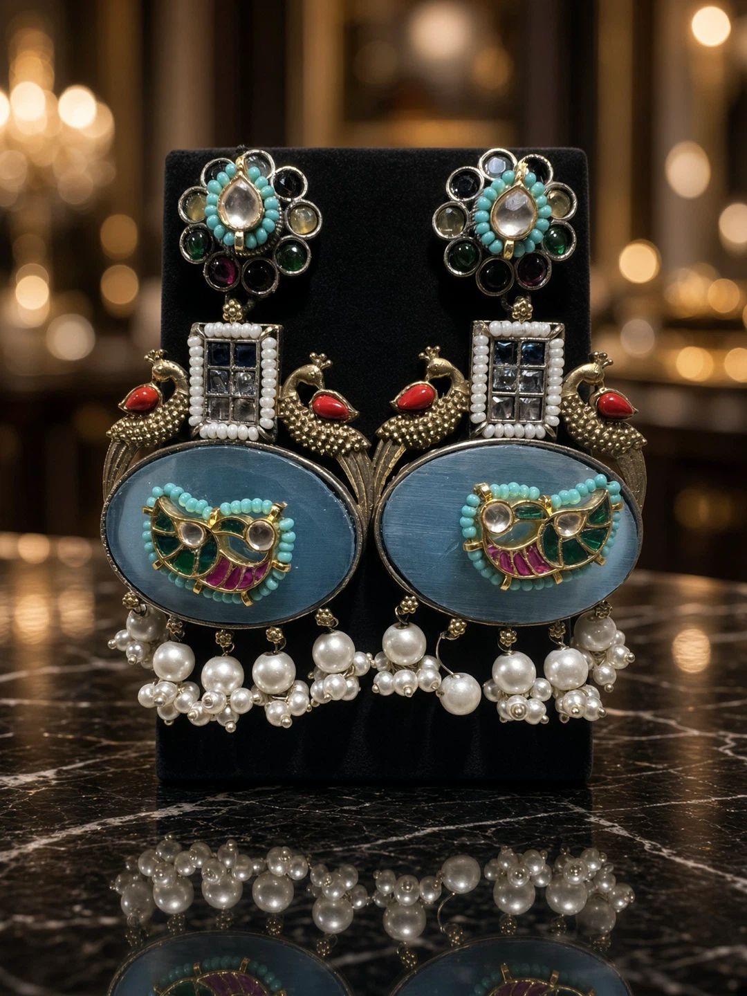 Peacock Design Dangle Earrings with Pearls