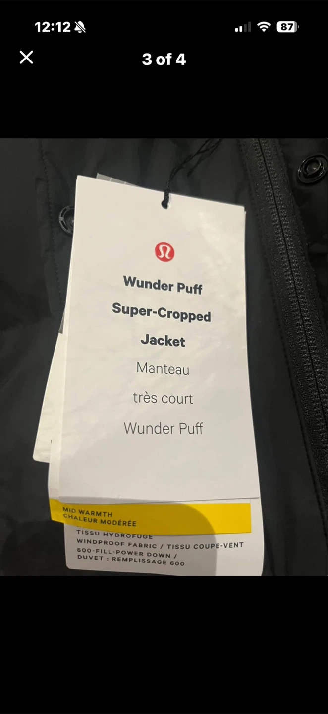 Lululemon Wunder Puff Super-Cropped Jacket Size 4 Black - photo 3