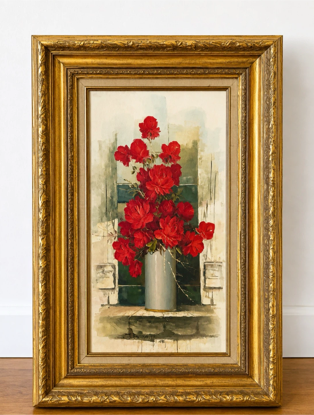 Framed Oil Painting Red Flowers