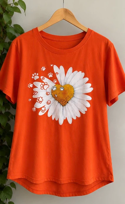 Women’s Orange Daisy Heart Graphic T-Shirt – Size XL