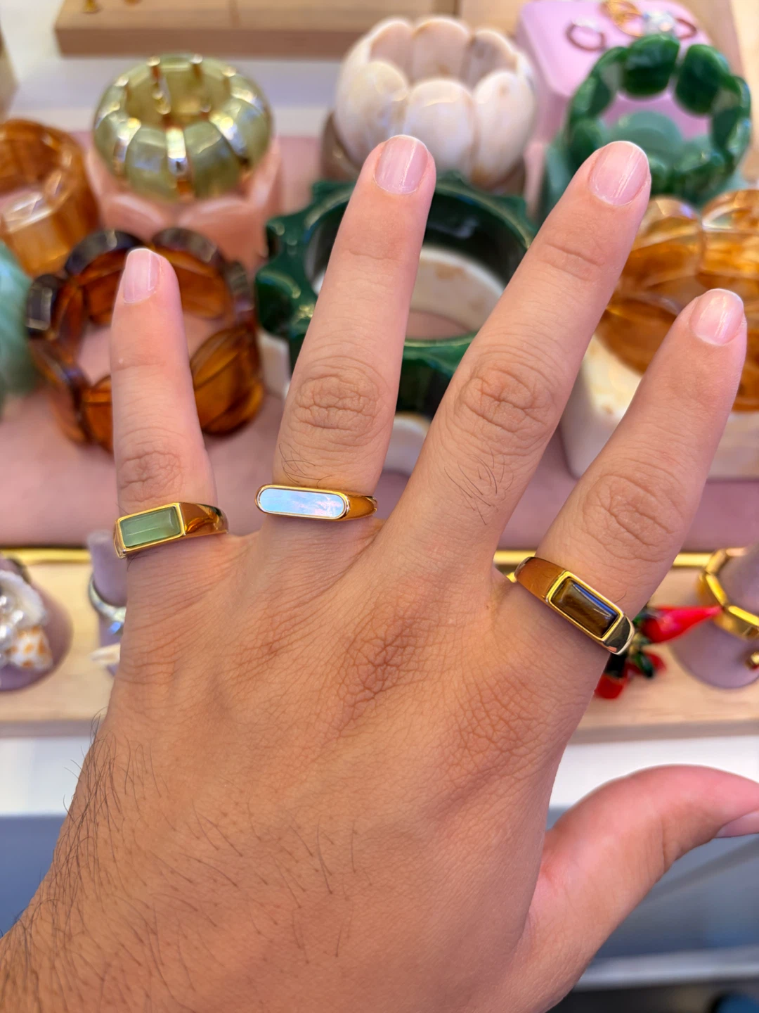 Set of Three Gold-Tone Rectangular Stone Rings