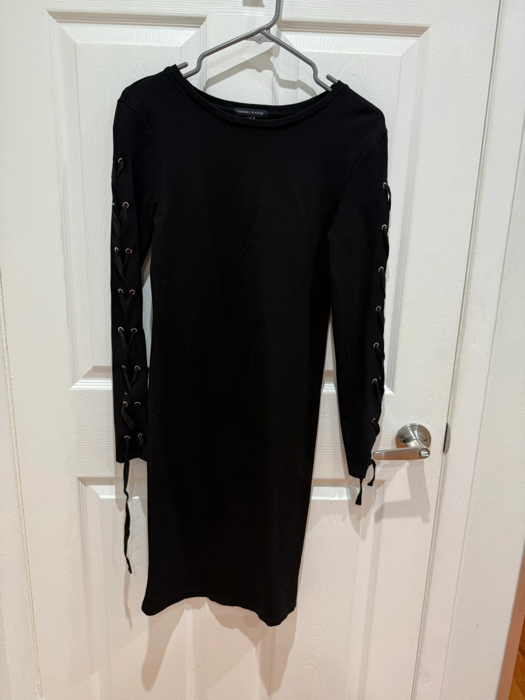 Black Lace-Up Detail Long Sleeve Dress