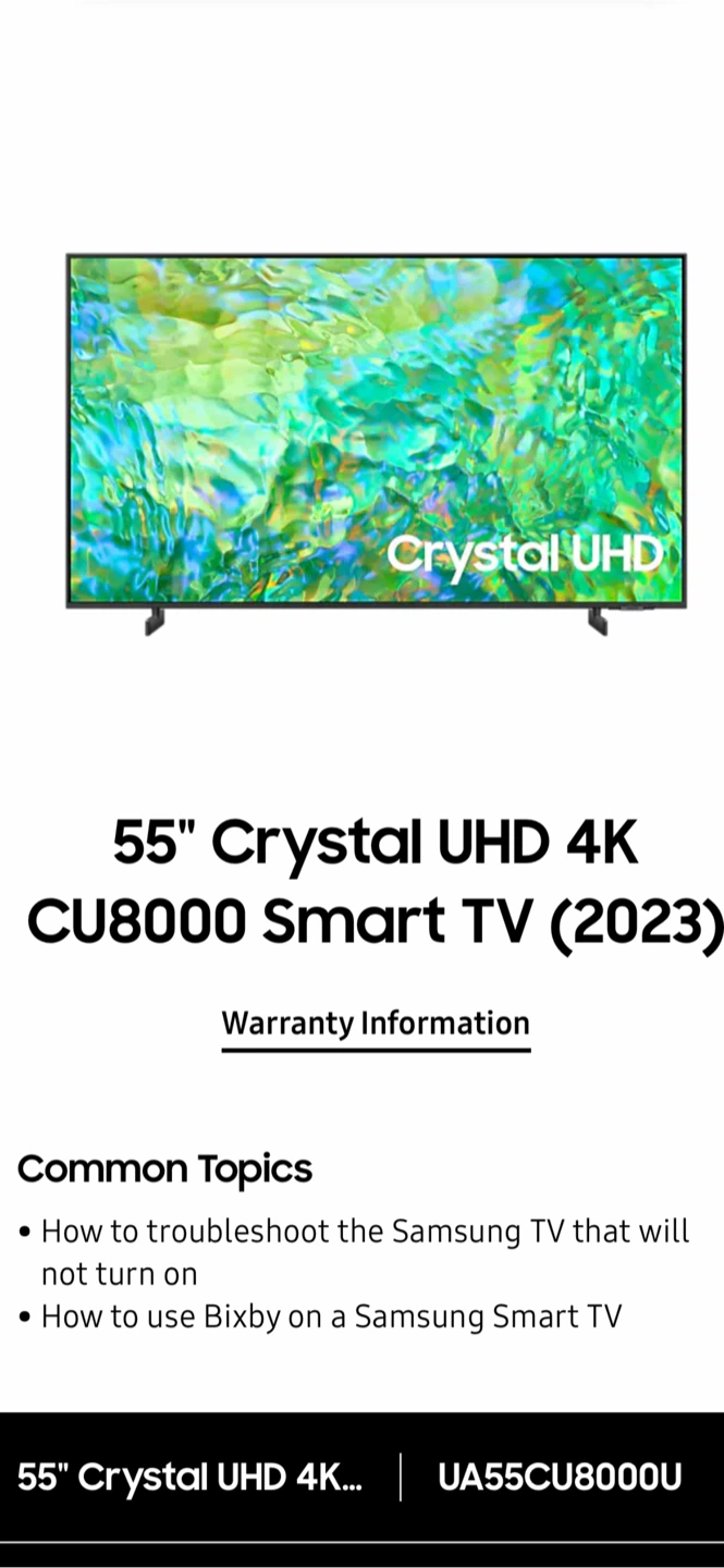 Samsung 55 inch Crystal UHD 4K Model: UN55CU8000 Smart TV