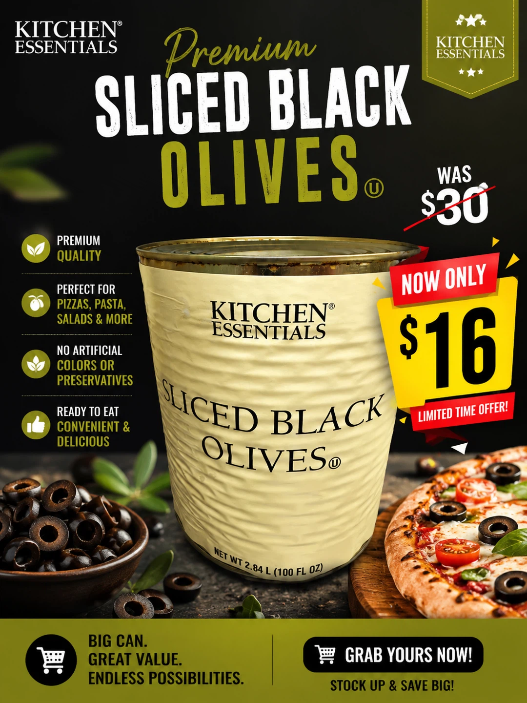 Kitchen Essentials Sliced Black Olives 2.84 L