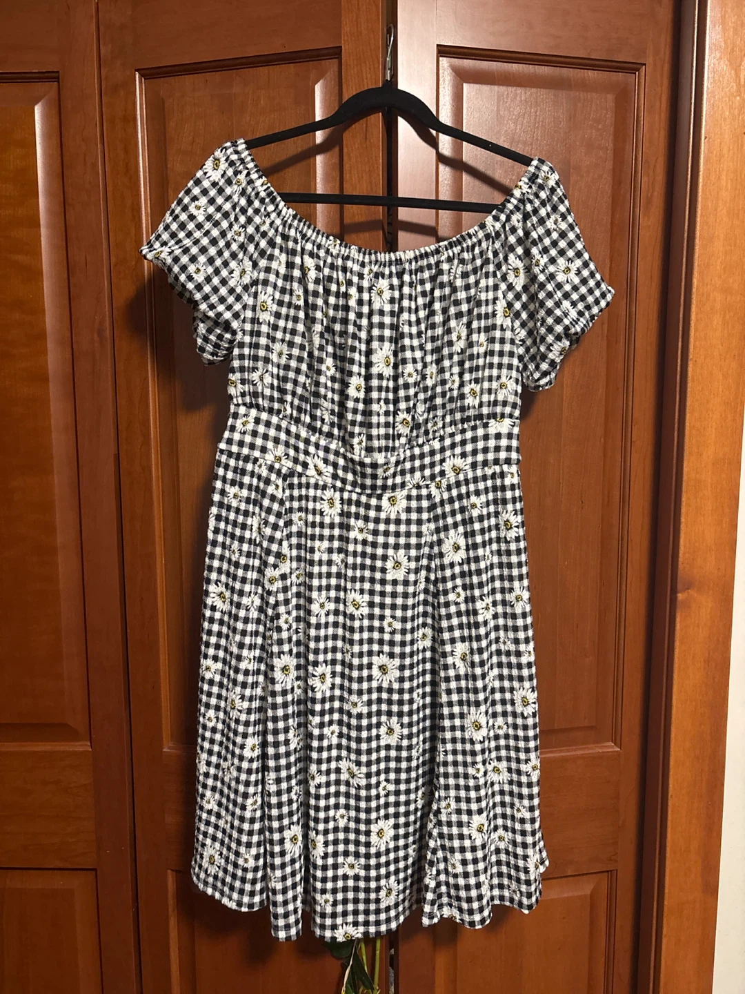 Black and White Gingham Daisy Off-the-Shoulder Dress