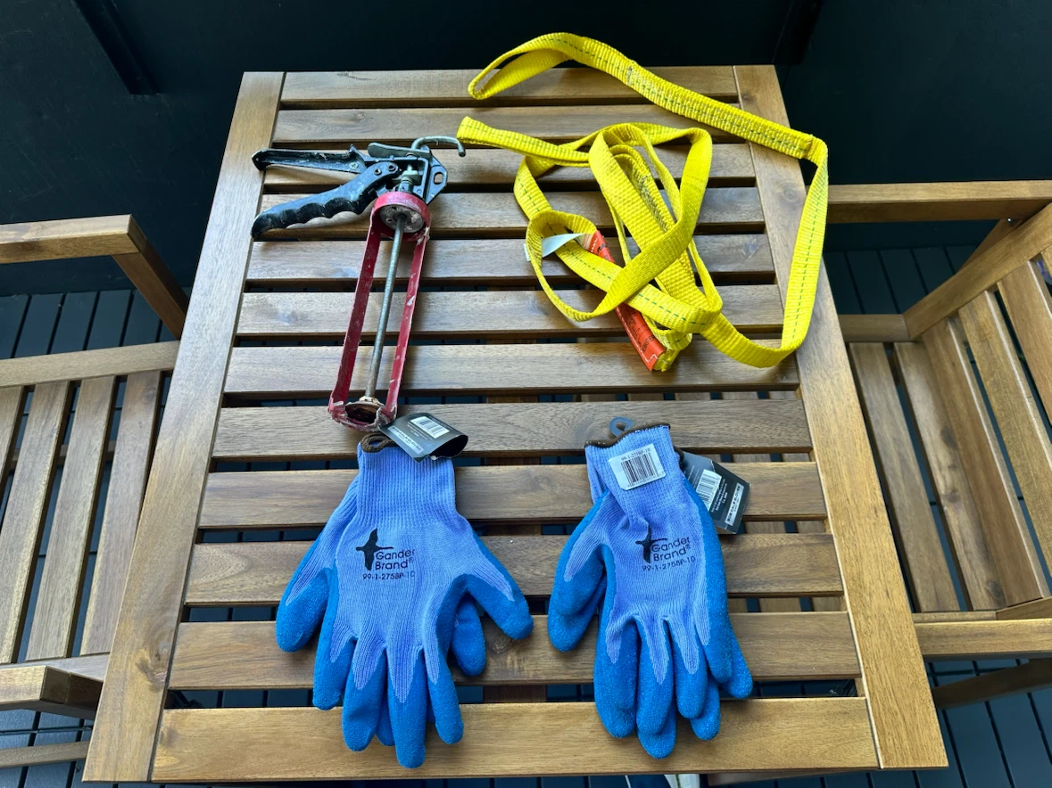 Automotive products, gloves, sling, caulking gun