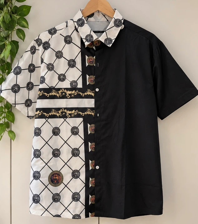 Men’s Black & White Lion Print Button-Up Shirt – Size XXL