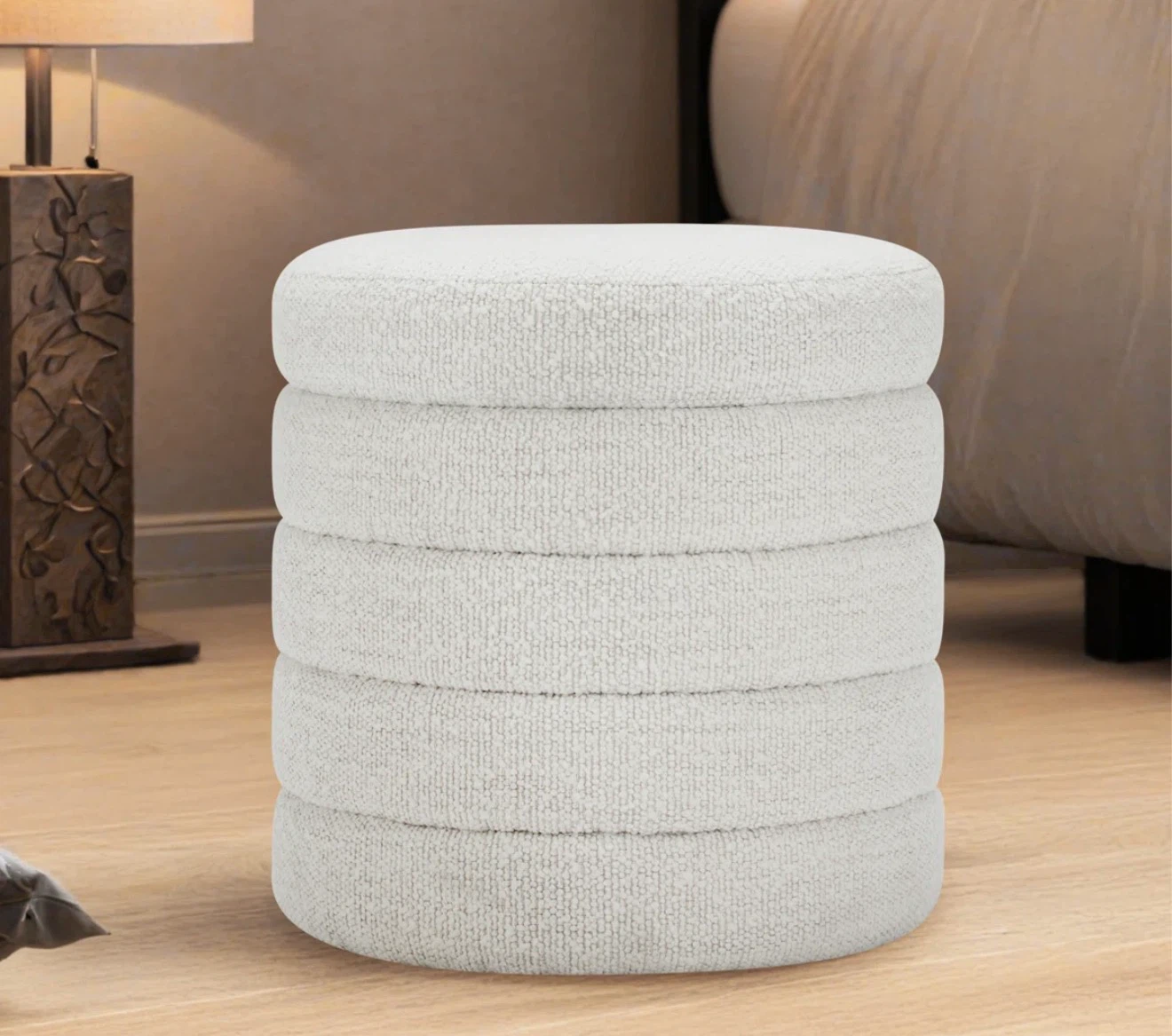 Cream boucle Round Storage Ottoman