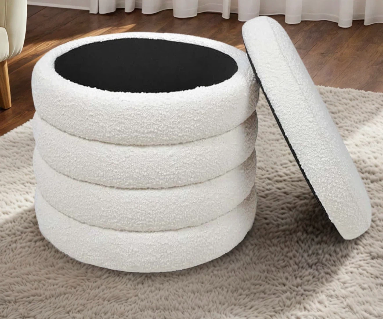Cream boucle Round Storage Ottoman - photo 2