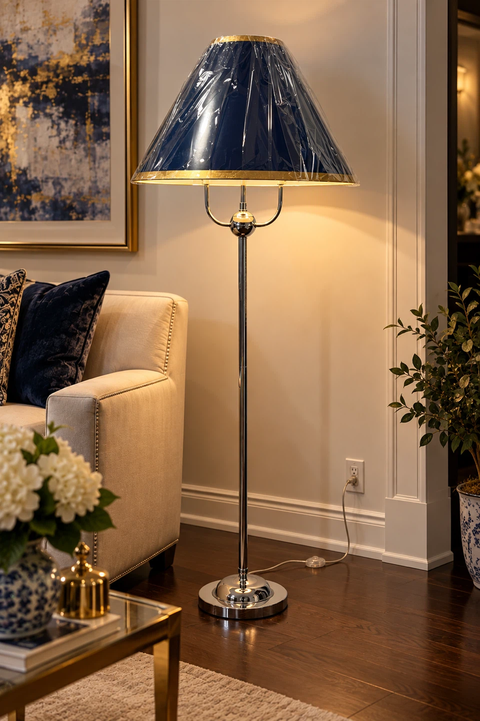 Polished Chrome Floor Lamp with Blue Shade