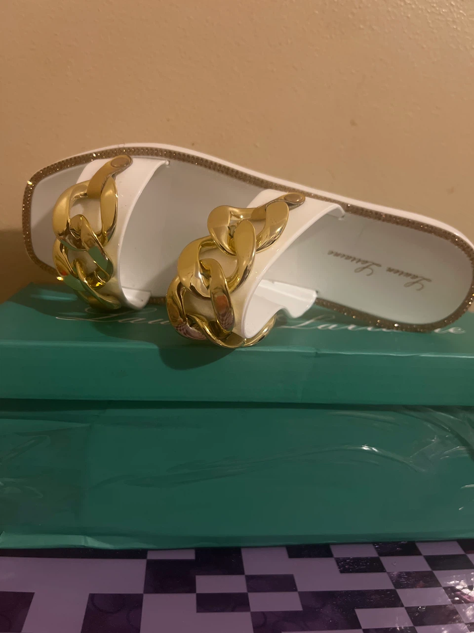 Lauren Lorraine White Chain Slides Sandals