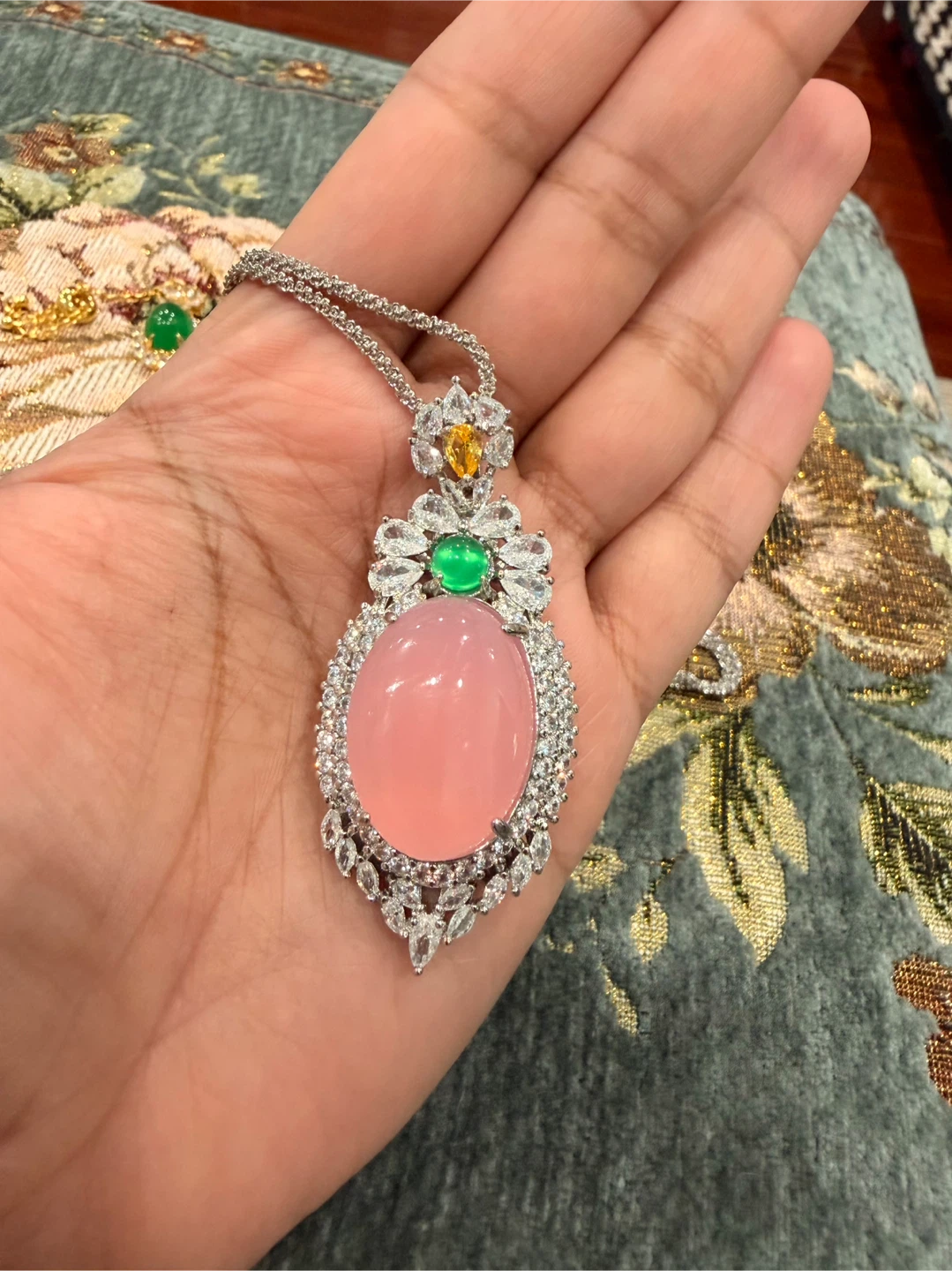 Oval Pink Gemstone Pendant Necklace with Silver Chain