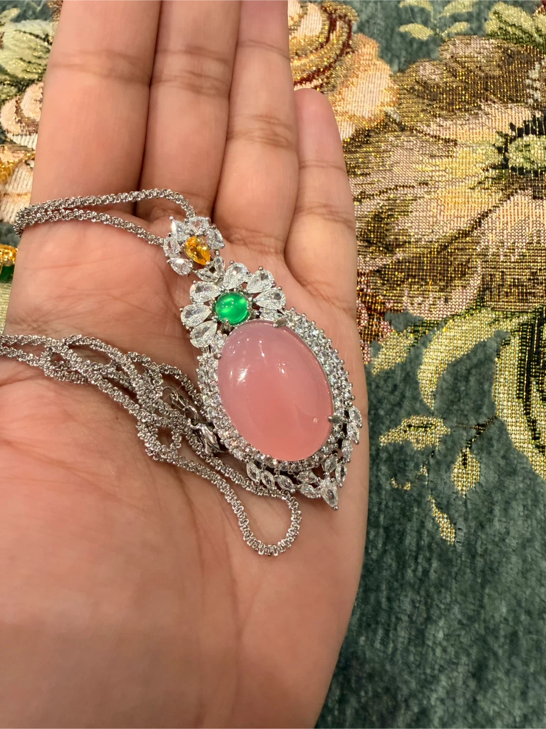 Oval Pink Gemstone Pendant Necklace with Silver Chain - photo 2