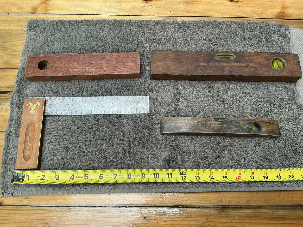 1 Vintage Wood Straight Edge Level & 3 Wood Spirit Levels
