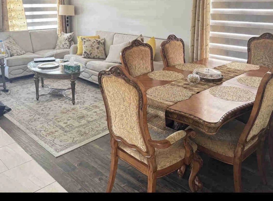 Classic Wood Dining Set with 6 Upholstered Chairs