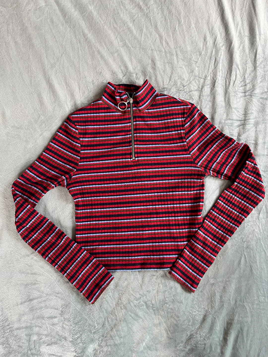 Topshop Striped Zip Neck Ribbed Top