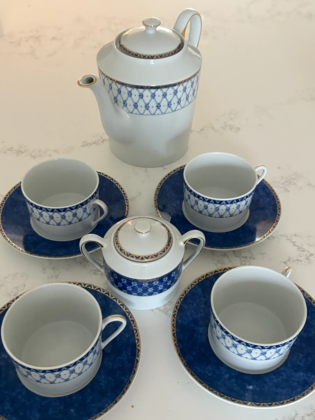 Vintage Blue and Gold Porcelain Tea Set