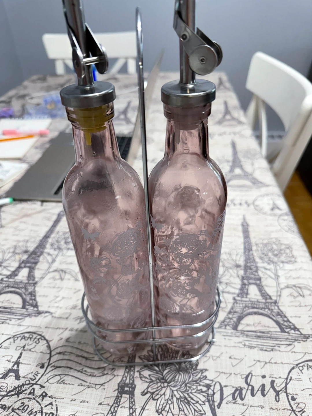 Set of Two Pink Glass Oil and Vinegar Dispensers