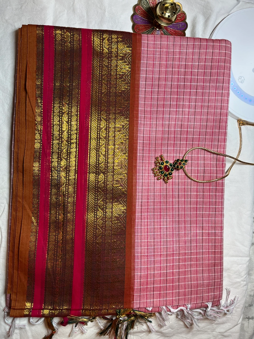 Pink and Gold Checked Saree