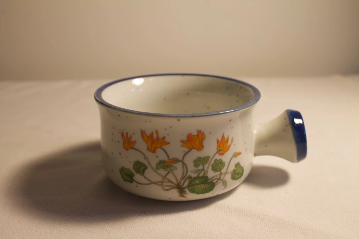 Soup Bowl with Handle. Blue, White, and Orange Design