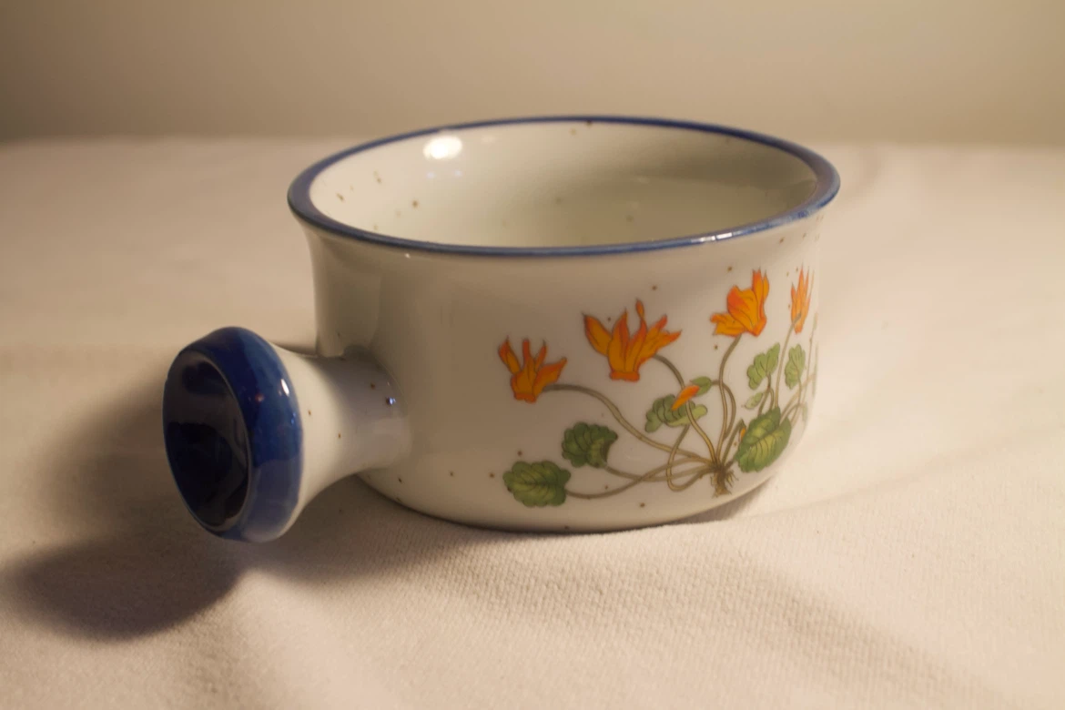 Soup Bowl with Handle. Blue, White, and Orange Design - photo 2