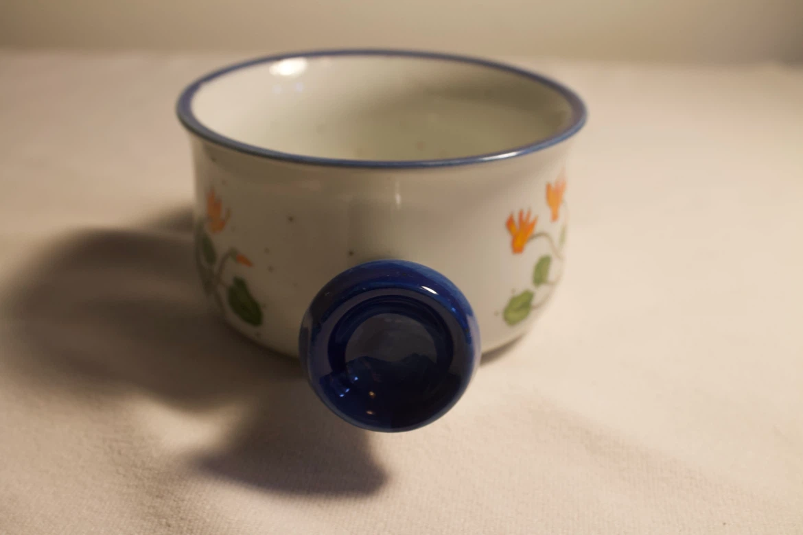Soup Bowl with Handle. Blue, White, and Orange Design - photo 3