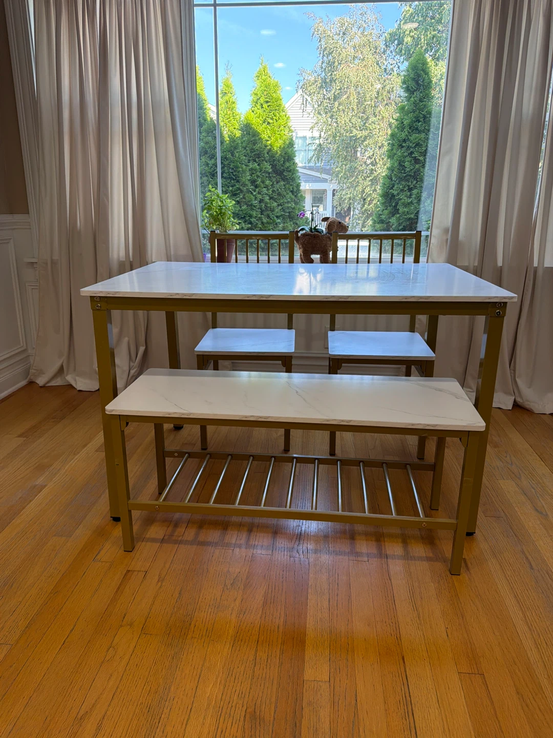 White Marble Look Dining Set with 2 Chairs and Bench