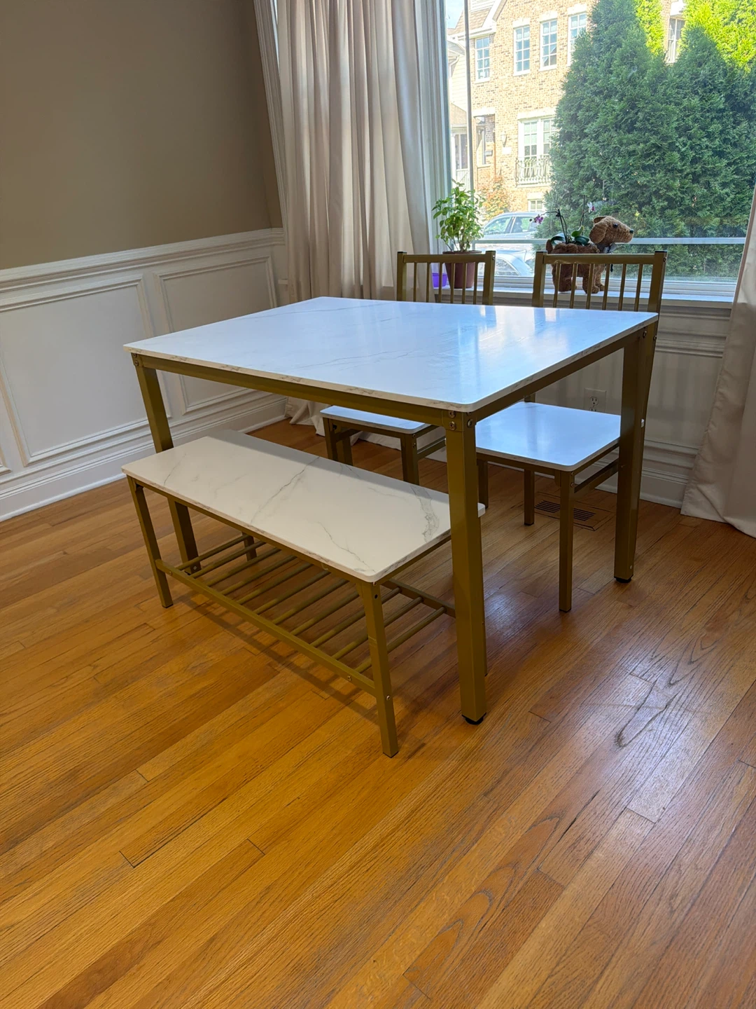 White Marble Look Dining Set with 2 Chairs and Bench - photo 2