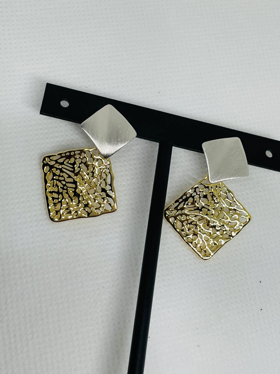 Gold and Silver Tone Square Drop Earrings - photo 2