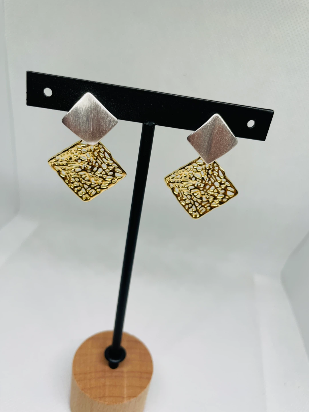Gold and Silver Tone Square Drop Earrings
