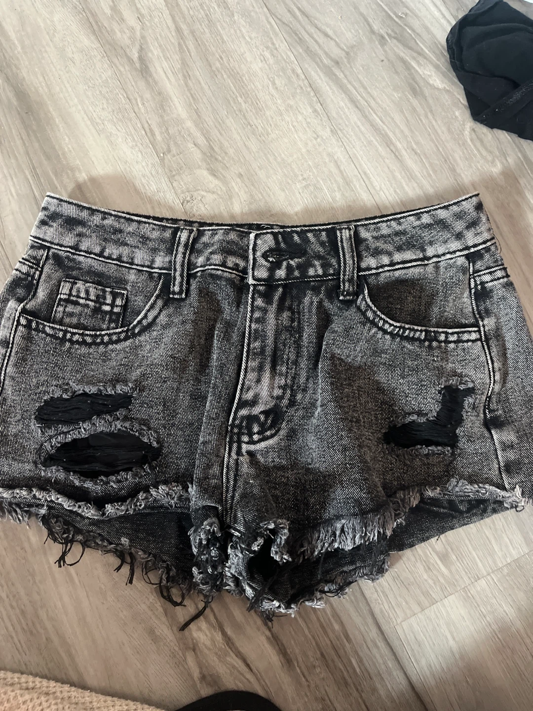 Distressed Black Denim Shorts